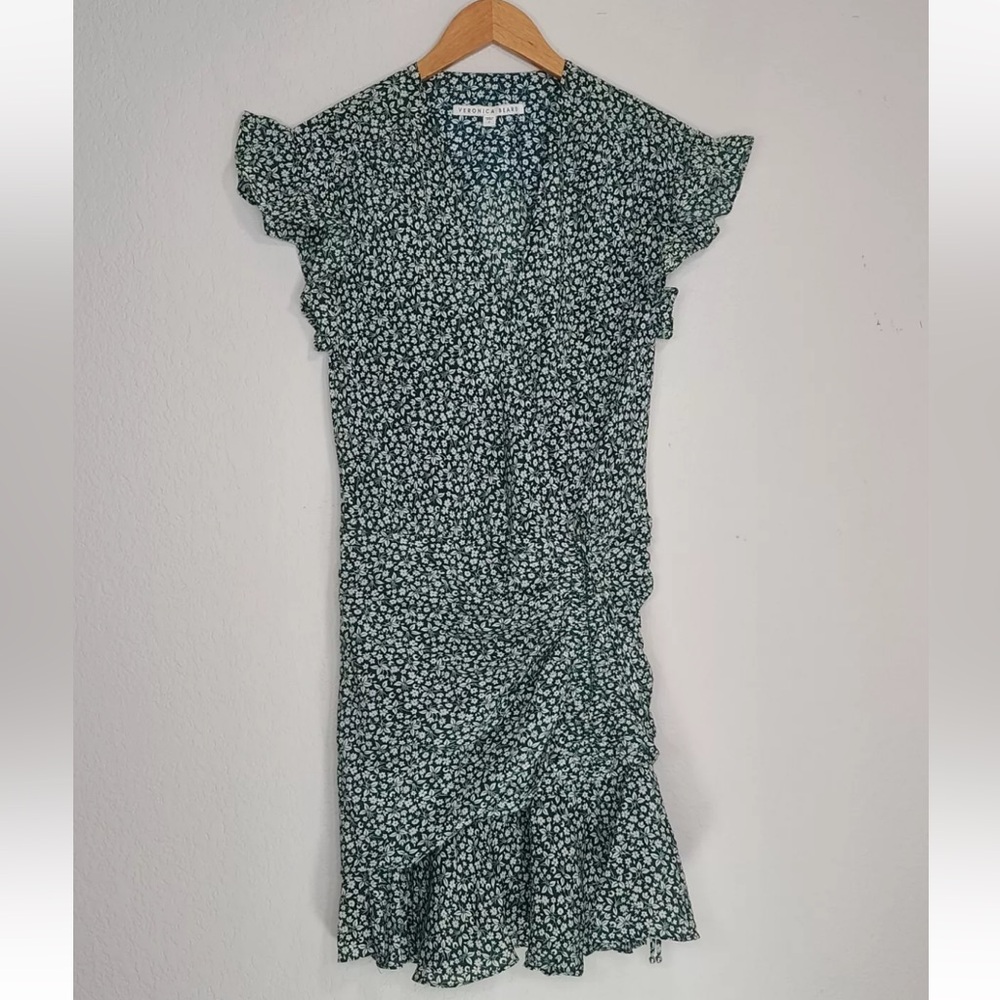 Veronica Beard Marla Dress Silk Green Floral Ruched Flutter Sleeve Surplice 2